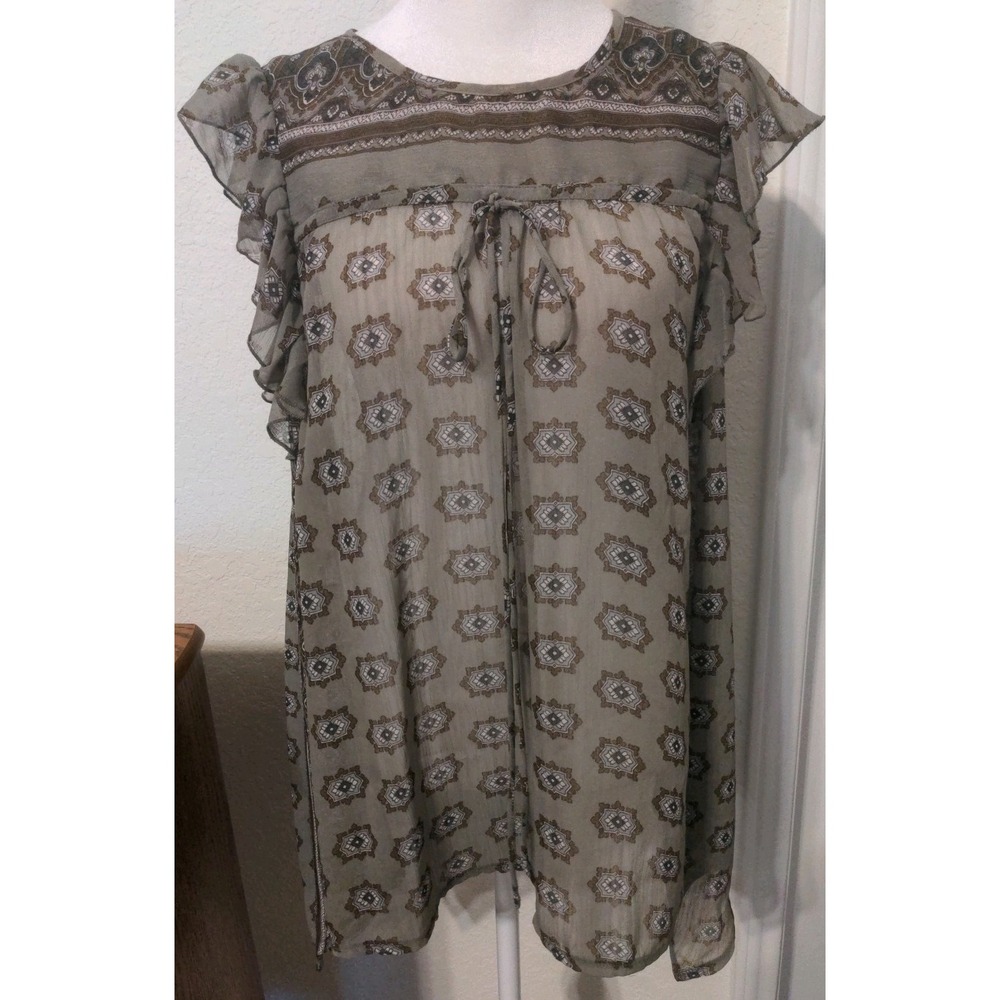 Blue Asphalt Women's Sheer Lightweight Olive Green Ruffle Sleeve Shirt. Size M